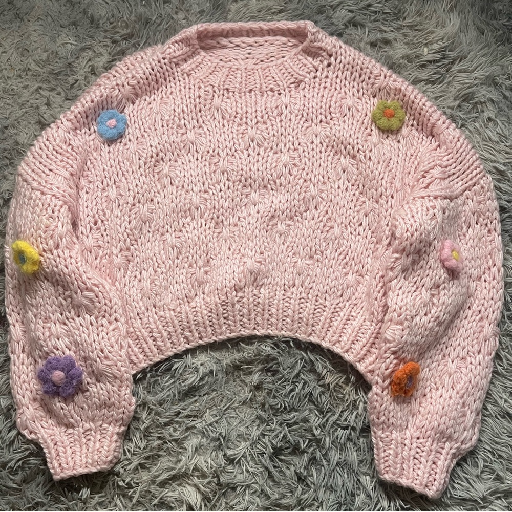 Beulahstyle Pink Chunky Crochet Sweater OS Oversized 3D Flower Knit Pullover
